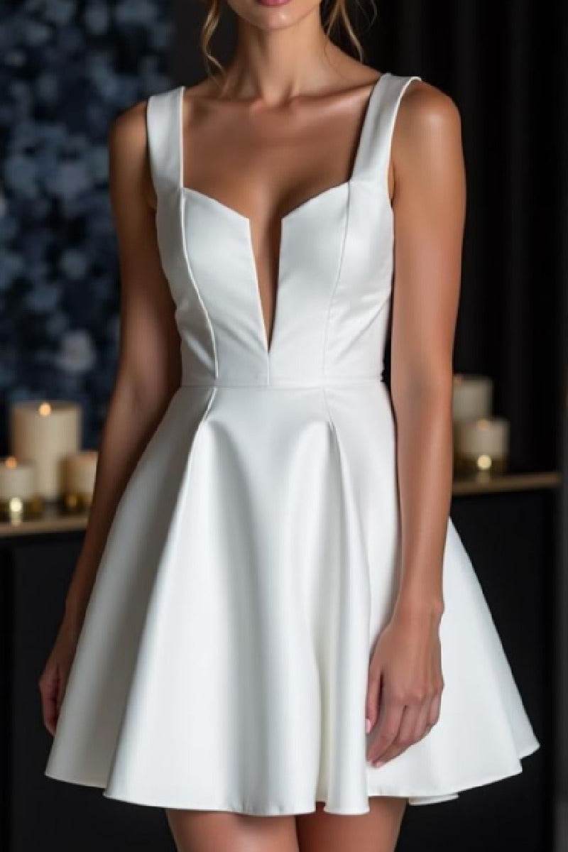 A-Line Mini Satin Little White Dress 4308365081 - COCOMELODY